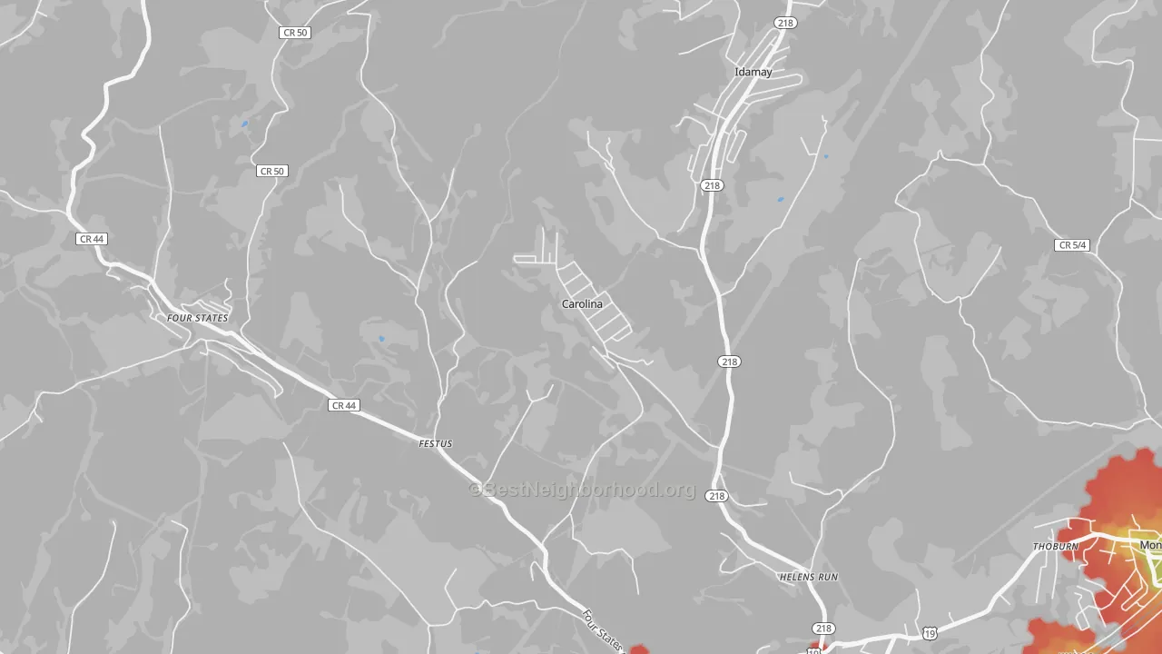 Walk Grade map of Carolina, WV, walkable areas in green and car-dependent areas in red