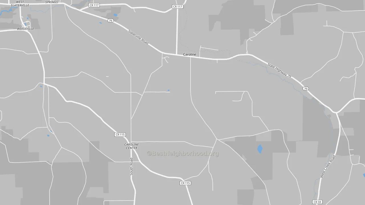 Walk Grade map of Caroline Center, NY, walkable areas in green and car-dependent areas in red