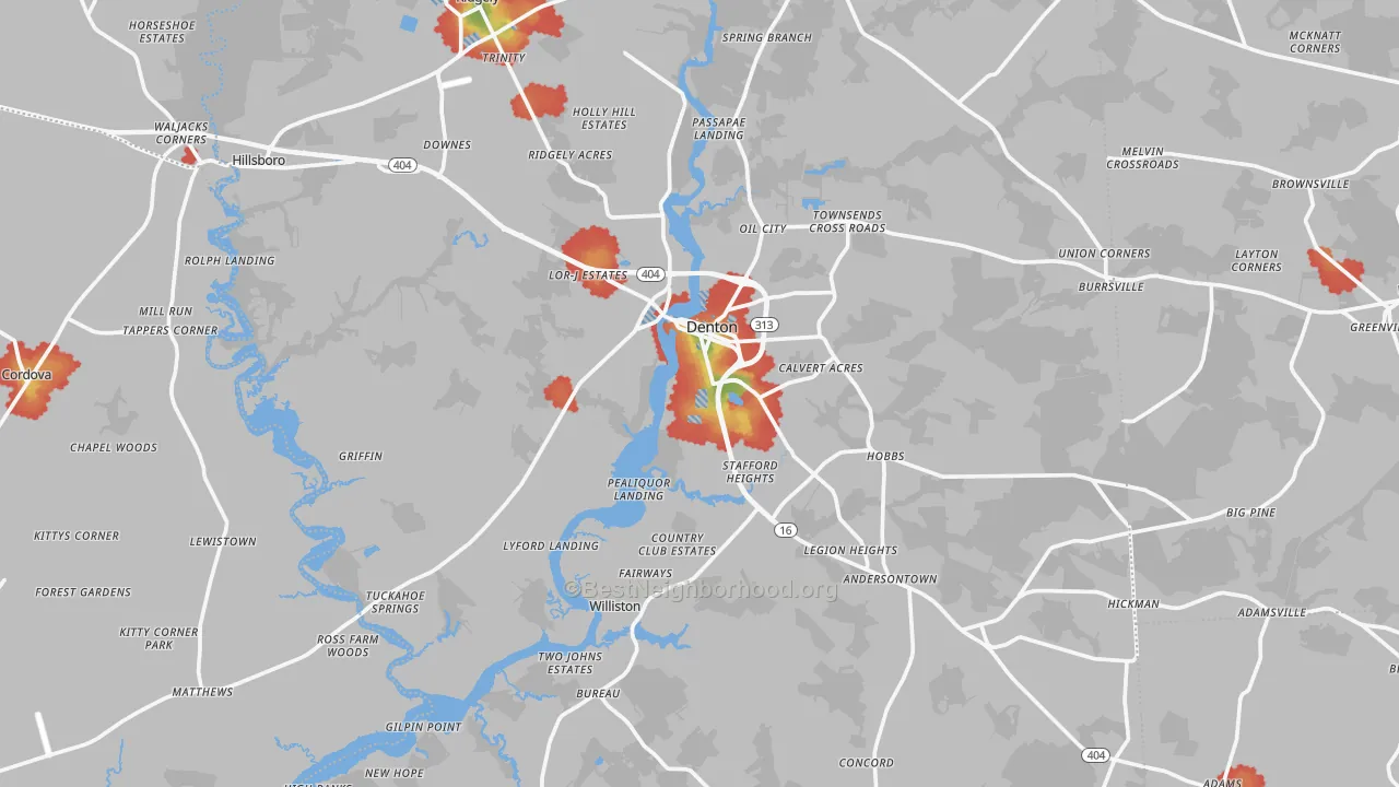 Walk Grade map of Caroline County, MD, walkable areas in green and car-dependent areas in red