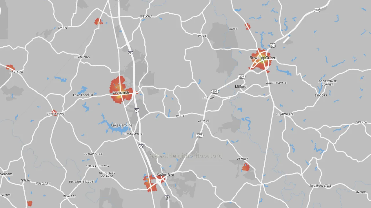 Walk Grade map of Caroline County, VA, walkable areas in green and car-dependent areas in red