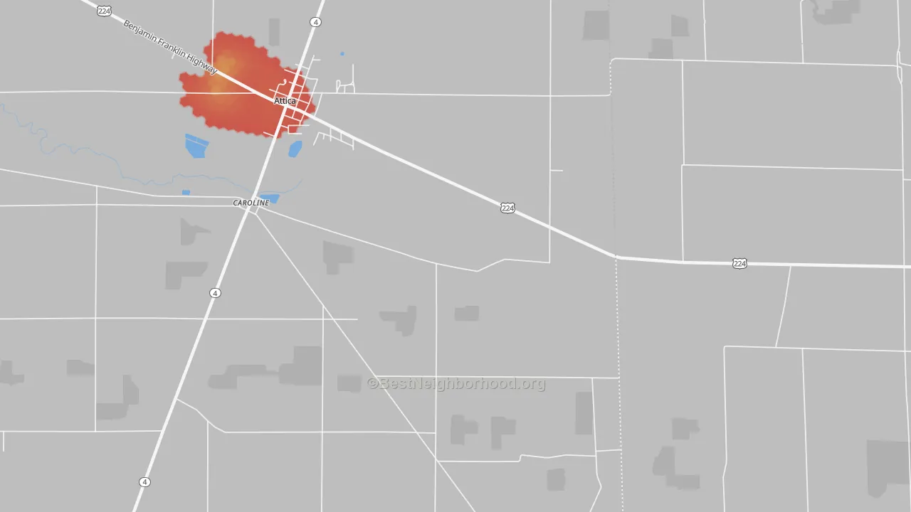 Walk Grade map of Caroline, OH, walkable areas in green and car-dependent areas in red