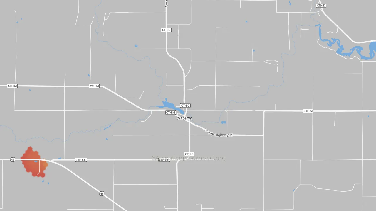Walk Grade map of Caroline, WI, walkable areas in green and car-dependent areas in red