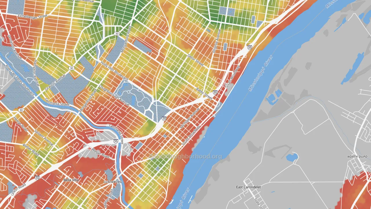 Walk Grade map of Carondelet, St. Louis, MO, walkable areas in green and car-dependent areas in red