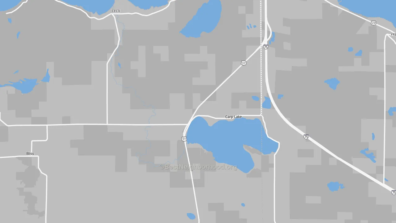 Walk Grade map of Carp Lake, MI, walkable areas in green and car-dependent areas in red