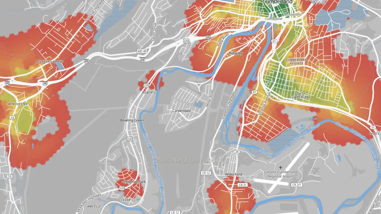 Walk Grade map of Carpendale, WV, walkable areas in green and car-dependent areas in red