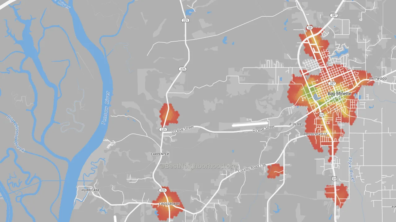 Walk Grade map of Carpenter, AL, walkable areas in green and car-dependent areas in red