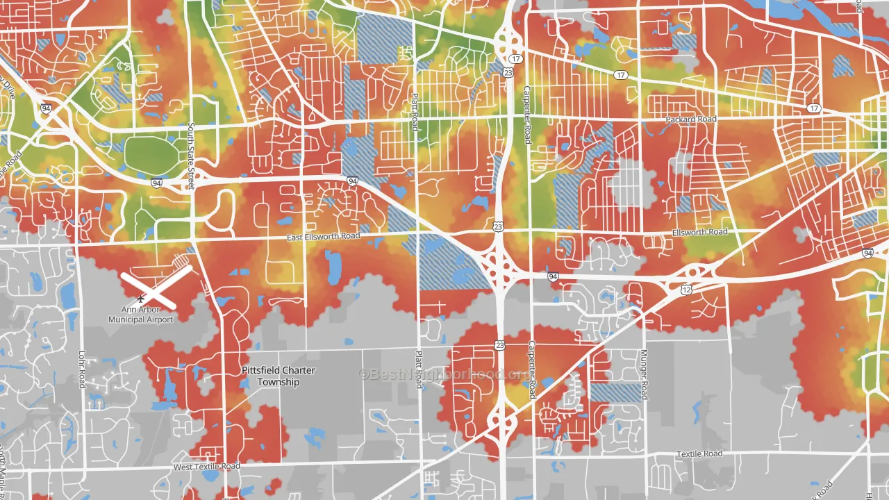 Walk Grade map of Carpenter, Ann Arbor, MI, walkable areas in green and car-dependent areas in red