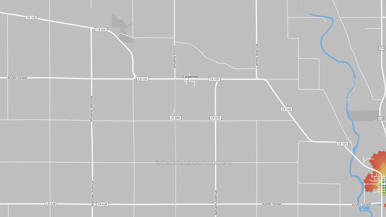 Walk Grade map of Carpenter, IA, walkable areas in green and car-dependent areas in red