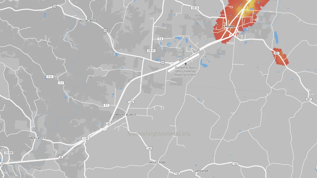 Walk Grade map of Carpenter, OH, walkable areas in green and car-dependent areas in red