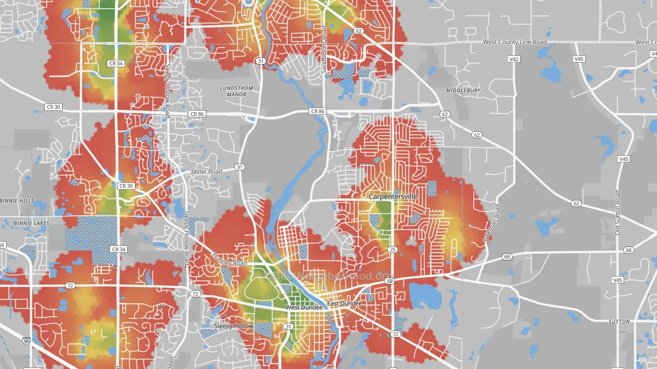 Walk Grade map of Carpentersville, IL, walkable areas in green and car-dependent areas in red