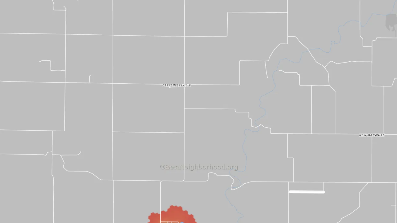 Walk Grade map of Carpentersville, IN, walkable areas in green and car-dependent areas in red