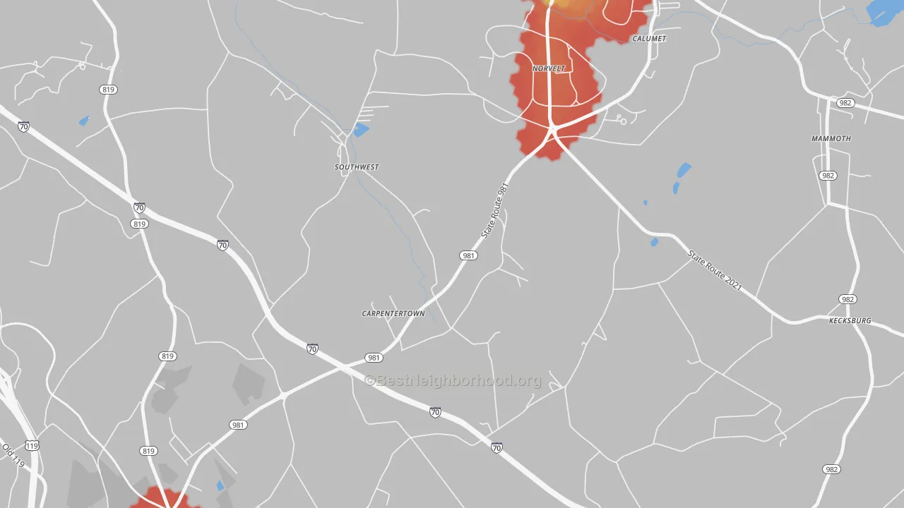 Walk Grade map of Carpentertown, PA, walkable areas in green and car-dependent areas in red