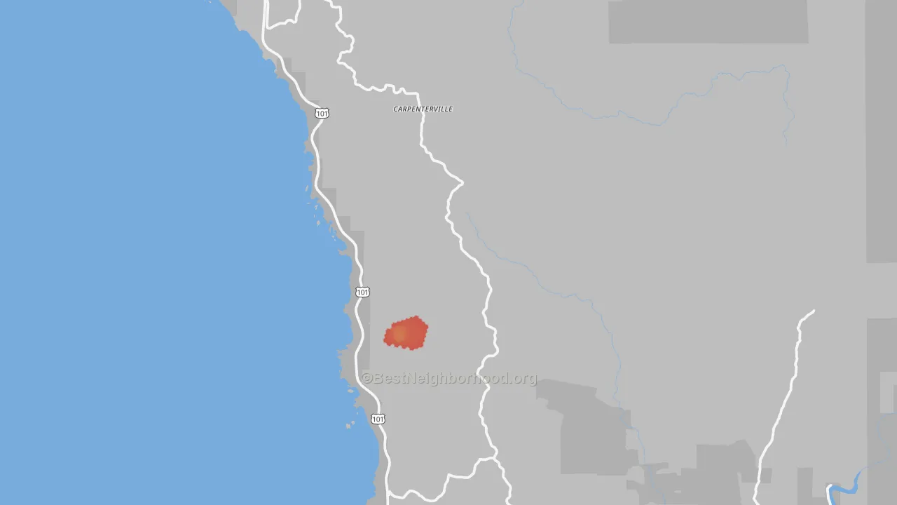 Walk Grade map of Carpenterville, OR, walkable areas in green and car-dependent areas in red