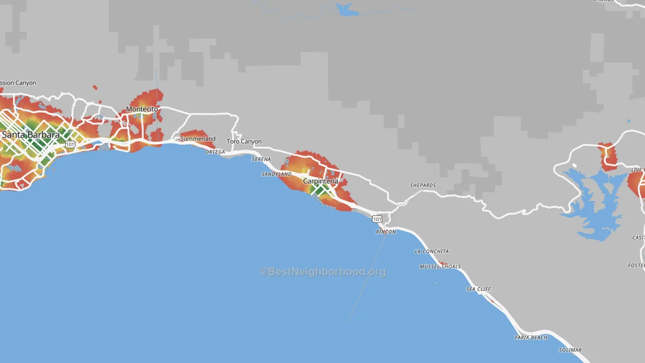 Walk Grade map of Carpinteria, CA, walkable areas in green and car-dependent areas in red