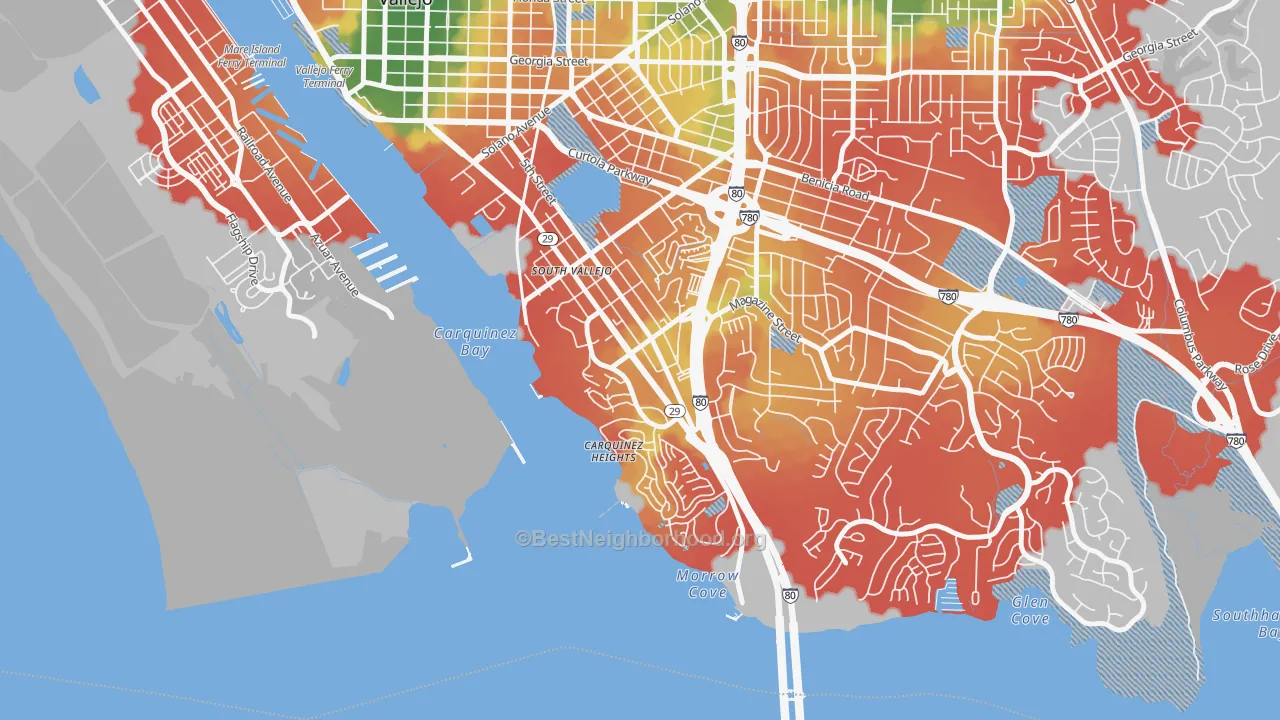 Walk Grade map of Carquinez Heights, Vallejo, CA, walkable areas in green and car-dependent areas in red