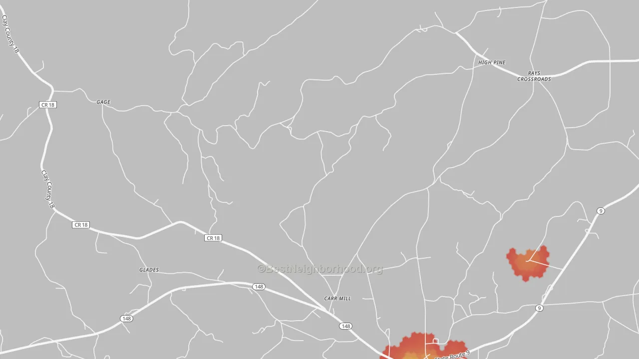 Walk Grade map of Carr Mill, AL, walkable areas in green and car-dependent areas in red