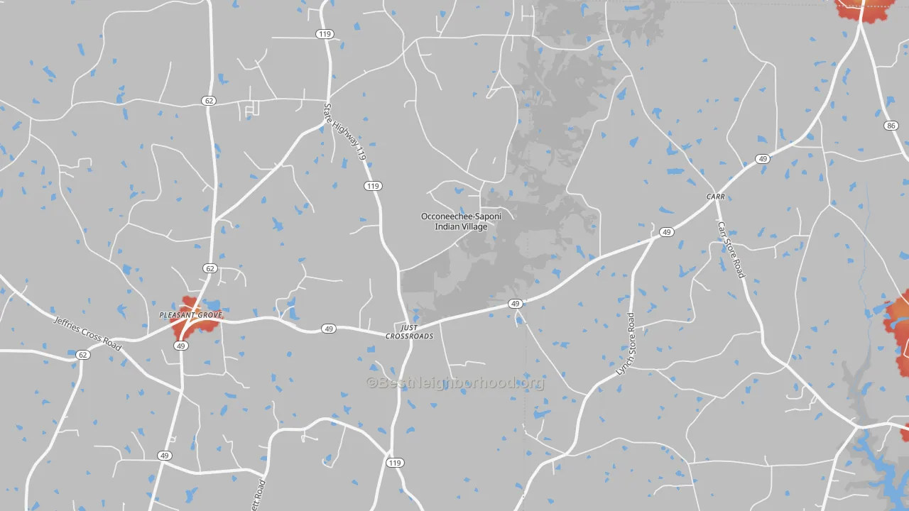 Walk Grade map of Carr, NC, walkable areas in green and car-dependent areas in red