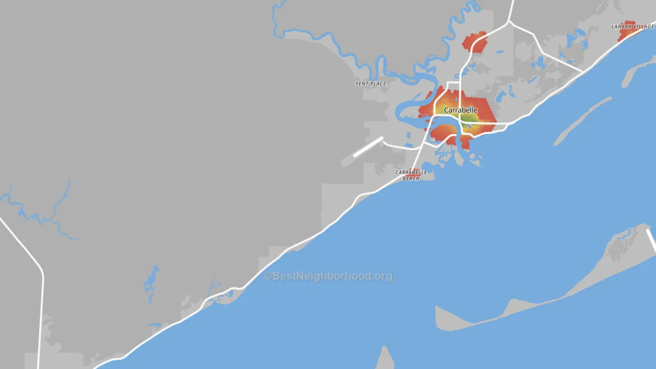 Walk Grade map of Carrabelle Beach, FL, walkable areas in green and car-dependent areas in red