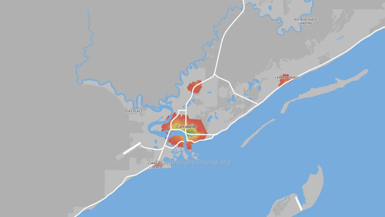 Walk Grade map of Carrabelle, FL, walkable areas in green and car-dependent areas in red