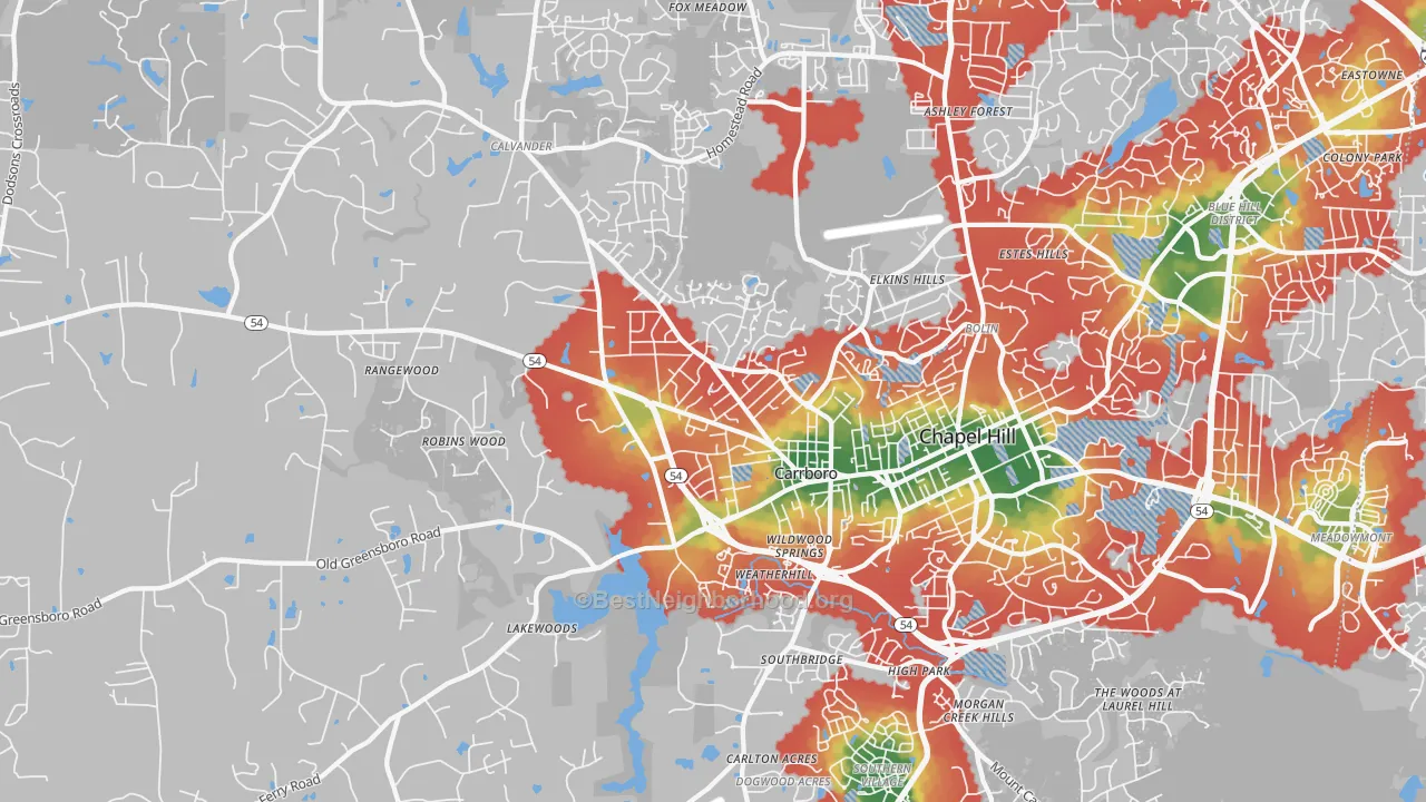 Walk Grade map of Carrboro, NC, walkable areas in green and car-dependent areas in red