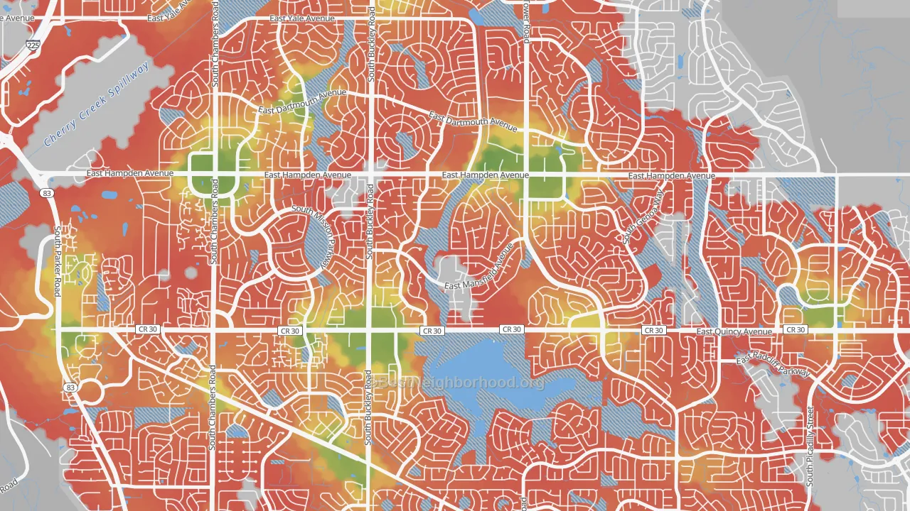 Walk Grade map of Carriage Place, Aurora, CO, walkable areas in green and car-dependent areas in red
