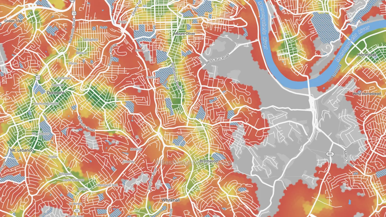 Walk Grade map of Carrick, Pittsburgh, PA, walkable areas in green and car-dependent areas in red