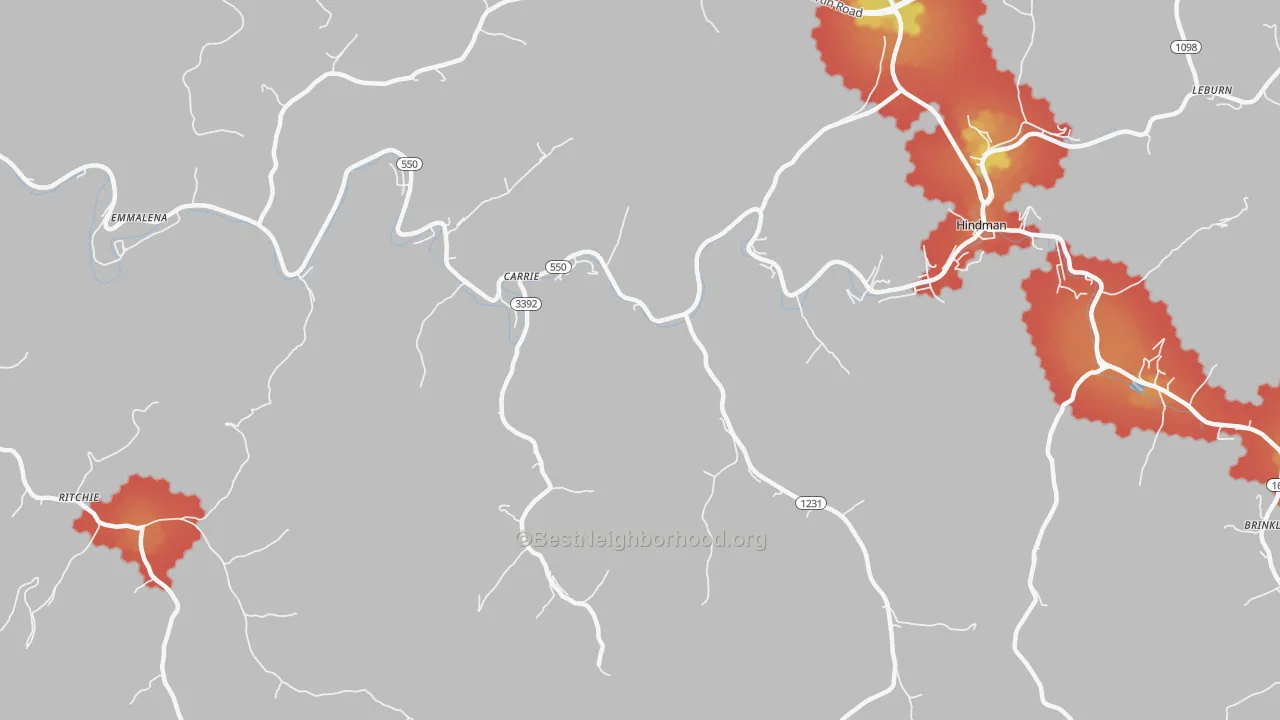 Walk Grade map of Carrie, KY, walkable areas in green and car-dependent areas in red