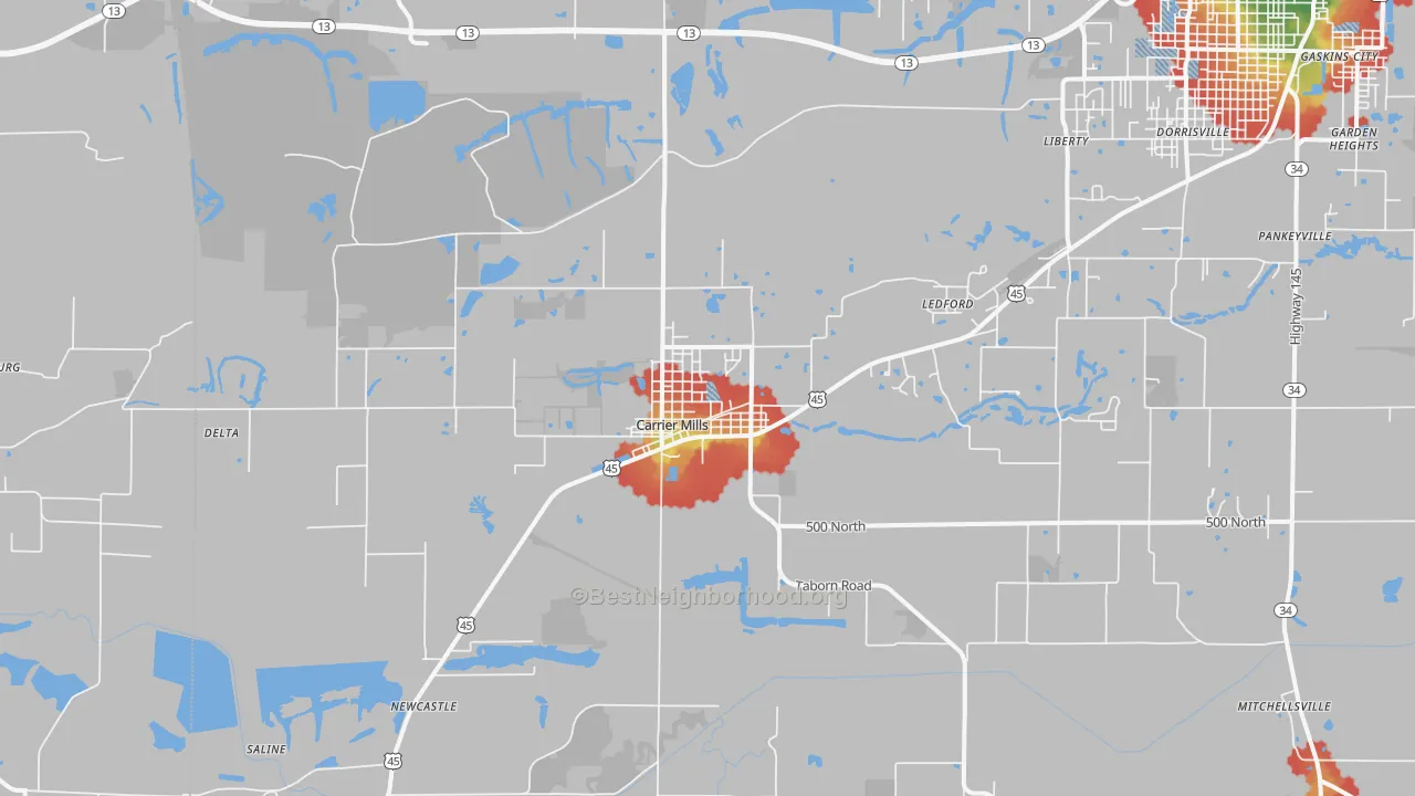Walk Grade map of Carrier Mills, IL, walkable areas in green and car-dependent areas in red