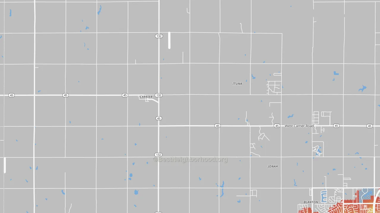 Walk Grade map of Carrier, OK, walkable areas in green and car-dependent areas in red