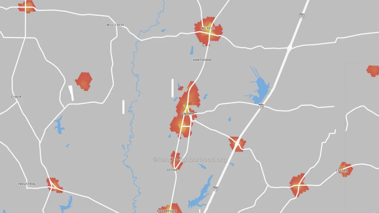 Walk Grade map of Carriere, MS, walkable areas in green and car-dependent areas in red