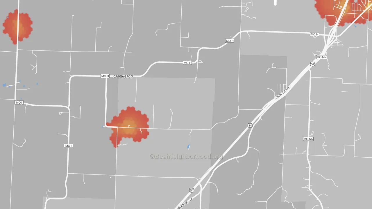 Walk Grade map of Carrington, MO, walkable areas in green and car-dependent areas in red