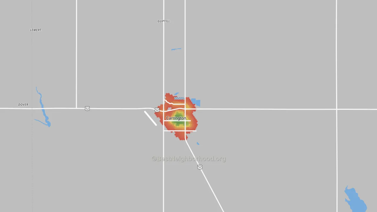 Walk Grade map of Carrington, ND, walkable areas in green and car-dependent areas in red