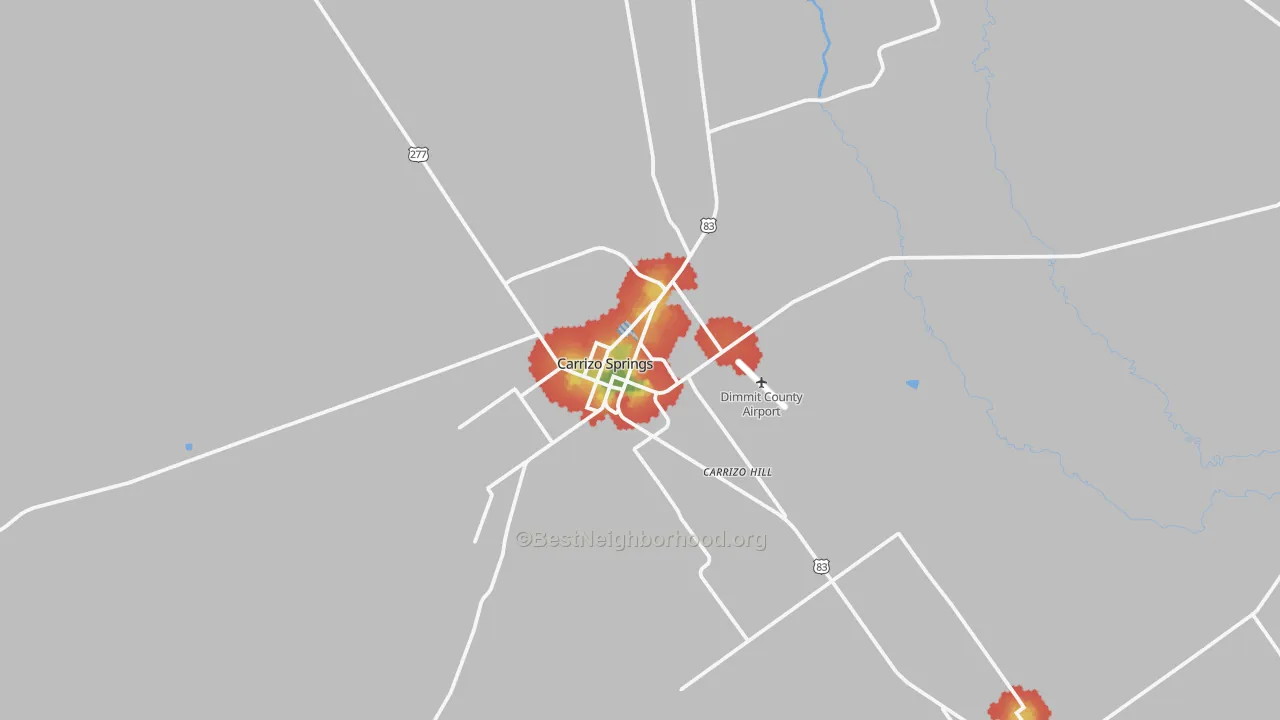 Walk Grade map of Carrizo Springs, TX, walkable areas in green and car-dependent areas in red