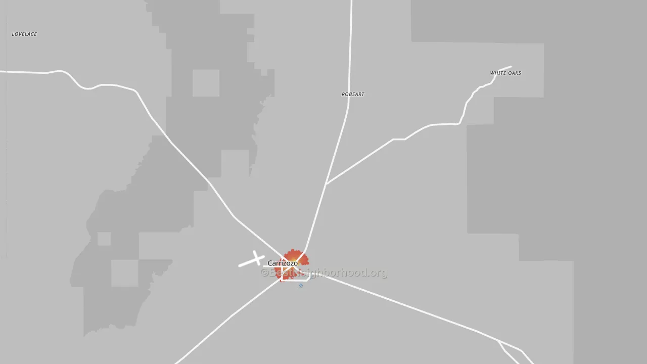 Walk Grade map of Carrizozo, NM, walkable areas in green and car-dependent areas in red