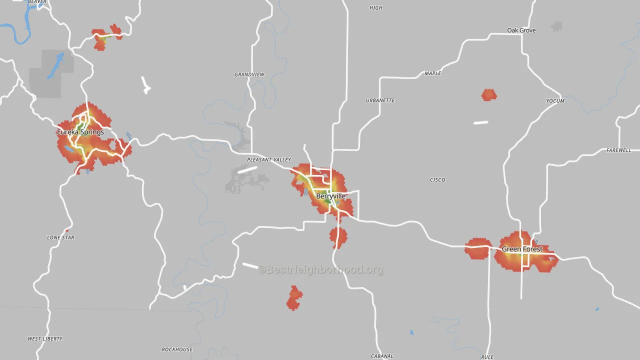 Walk Grade map of Carroll County, AR, walkable areas in green and car-dependent areas in red