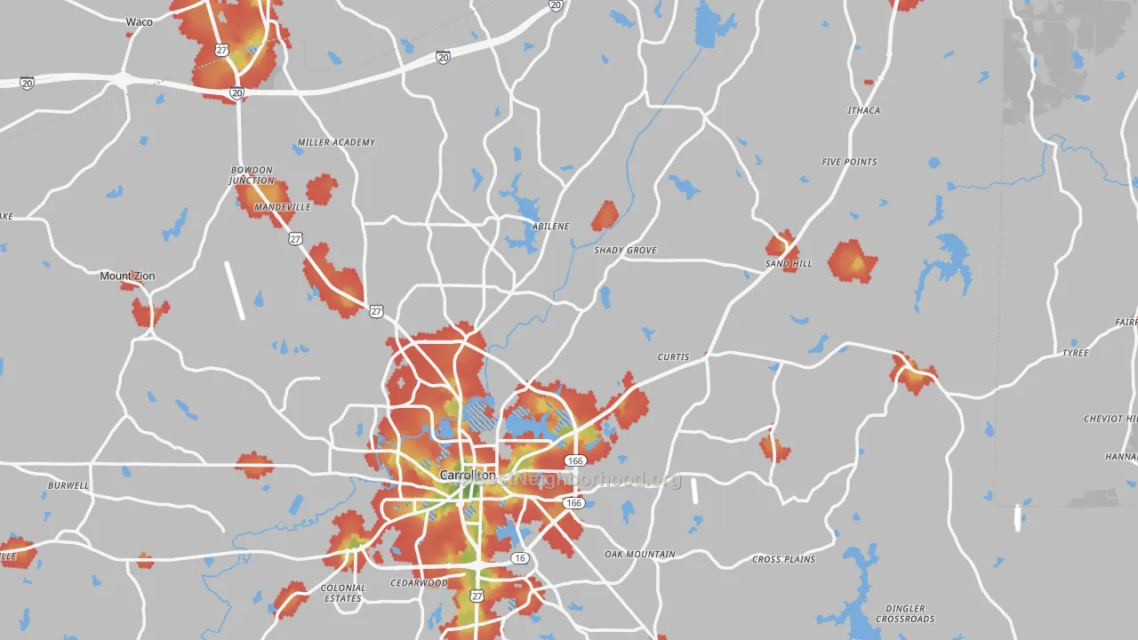 Walk Grade map of Carroll County, GA, walkable areas in green and car-dependent areas in red
