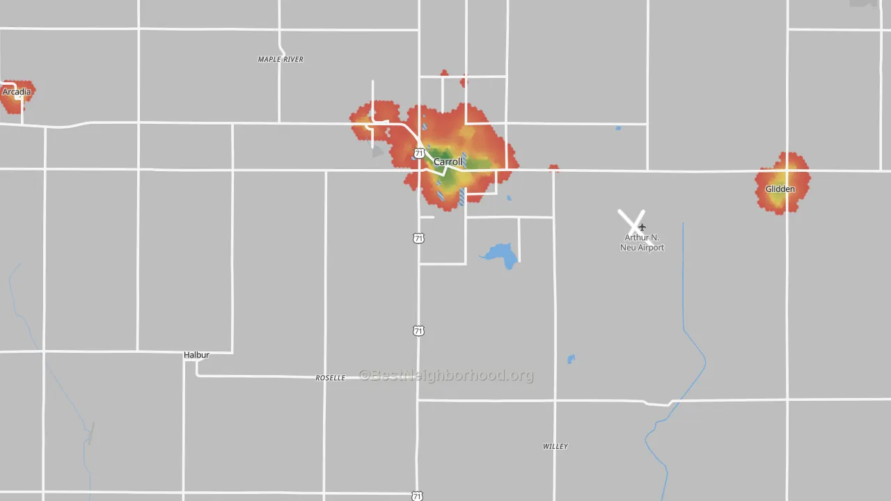 Walk Grade map of Carroll County, IA, walkable areas in green and car-dependent areas in red