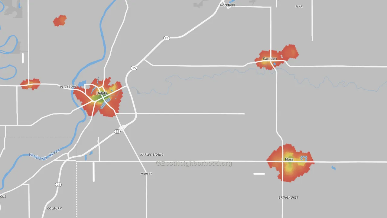 Walk Grade map of Carroll County, IN, walkable areas in green and car-dependent areas in red