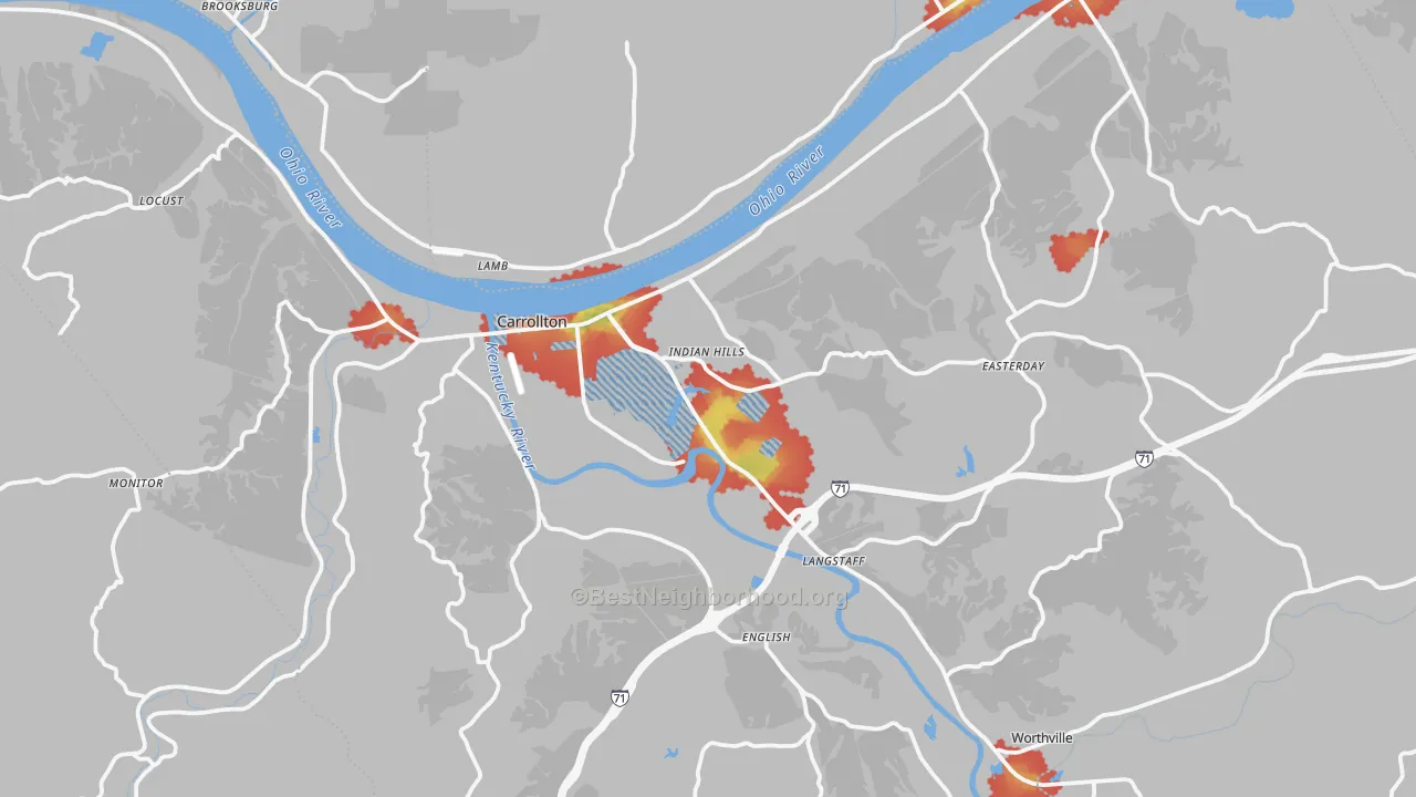 Walk Grade map of Carroll County, KY, walkable areas in green and car-dependent areas in red