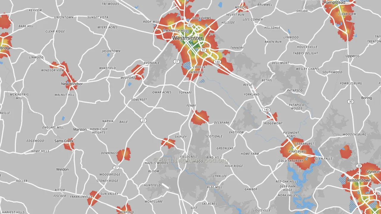 Walk Grade map of Carroll County, MD, walkable areas in green and car-dependent areas in red