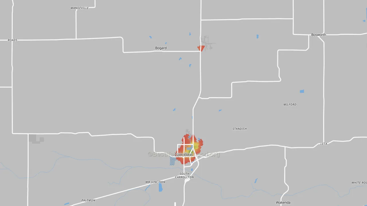 Walk Grade map of Carroll County, MO, walkable areas in green and car-dependent areas in red