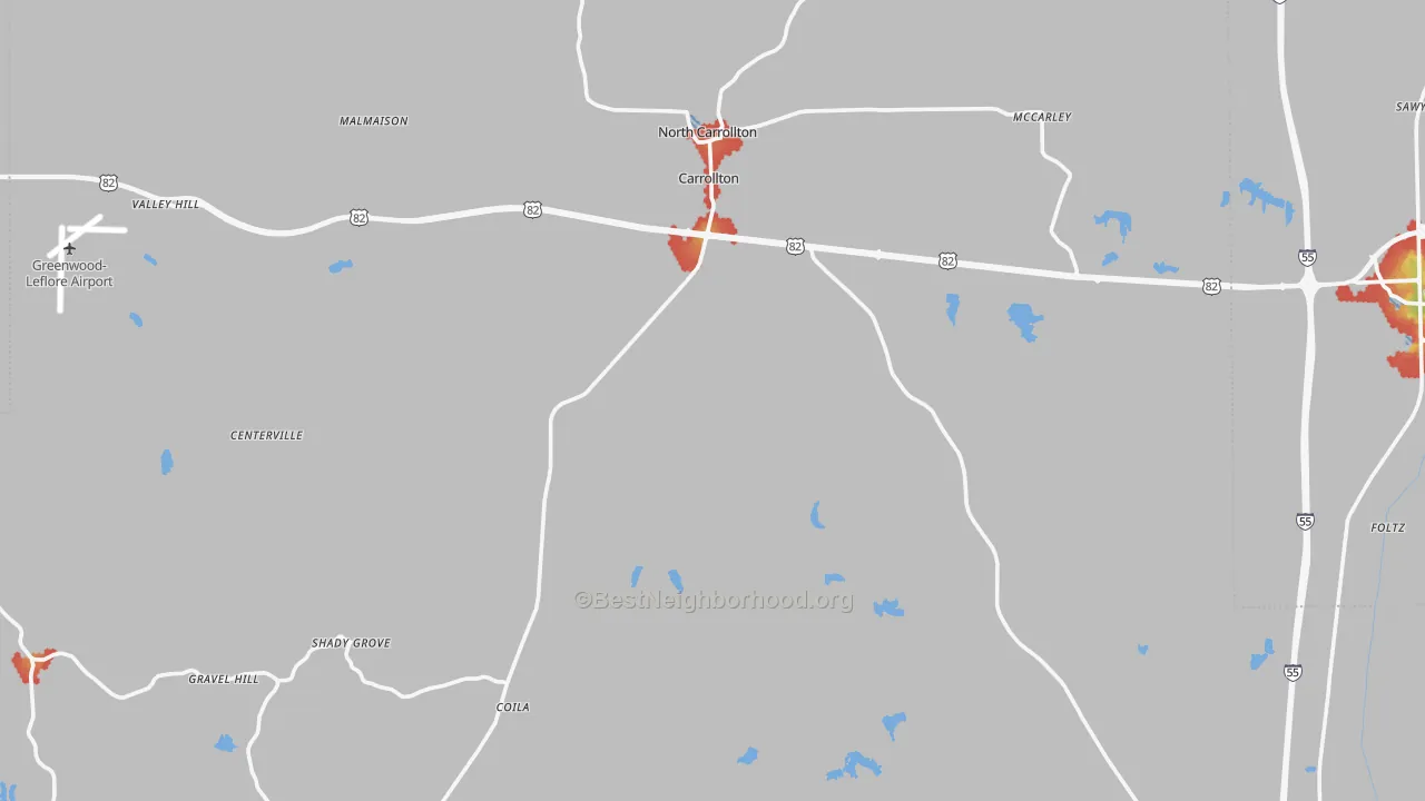 Walk Grade map of Carroll County, MS, walkable areas in green and car-dependent areas in red