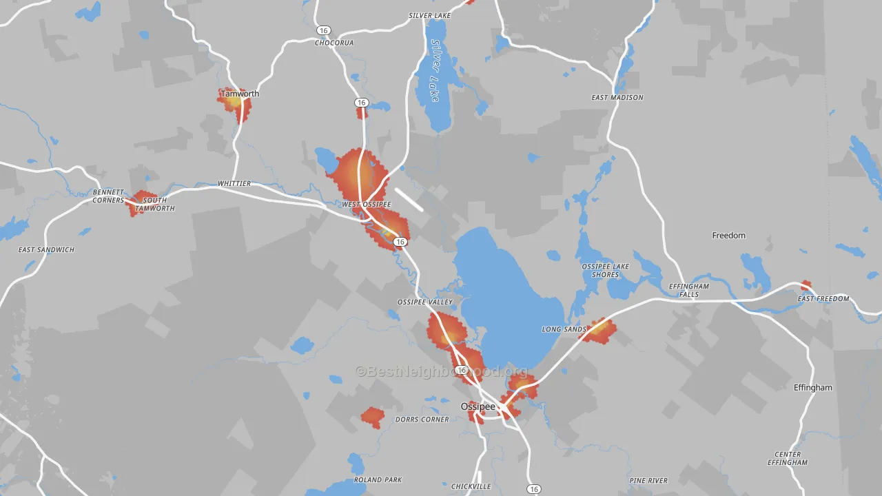 Walk Grade map of Carroll County, NH, walkable areas in green and car-dependent areas in red