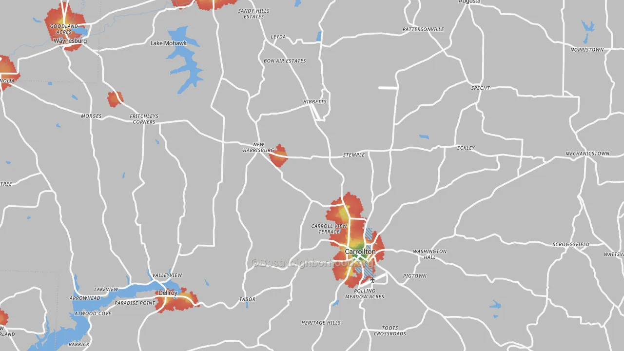 Walk Grade map of Carroll County, OH, walkable areas in green and car-dependent areas in red