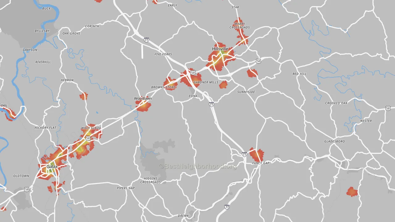Walk Grade map of Carroll County, VA, walkable areas in green and car-dependent areas in red
