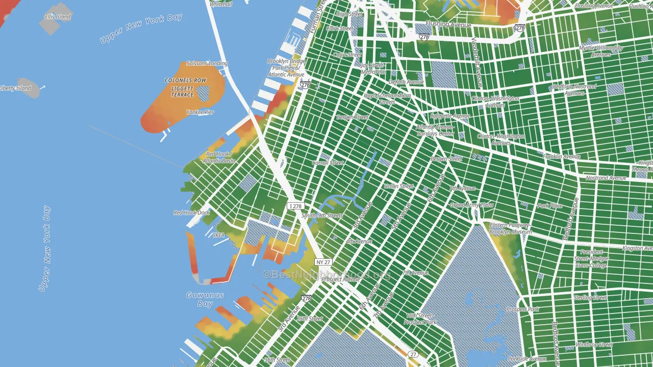 Walk Grade map of Carroll Gardens, Brooklyn, NY, walkable areas in green and car-dependent areas in red