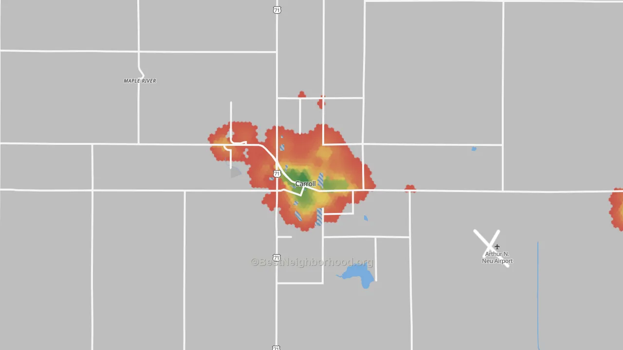 Walk Grade map of Carroll, IA, walkable areas in green and car-dependent areas in red