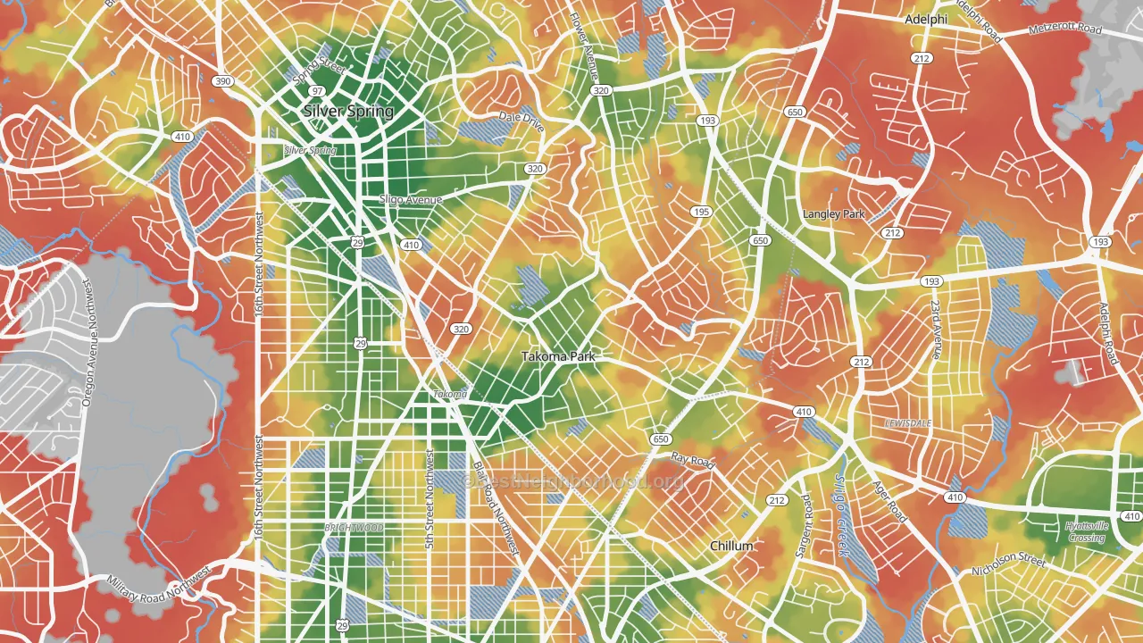 Walk Grade map of Carroll Manor, Takoma Park, MD, walkable areas in green and car-dependent areas in red