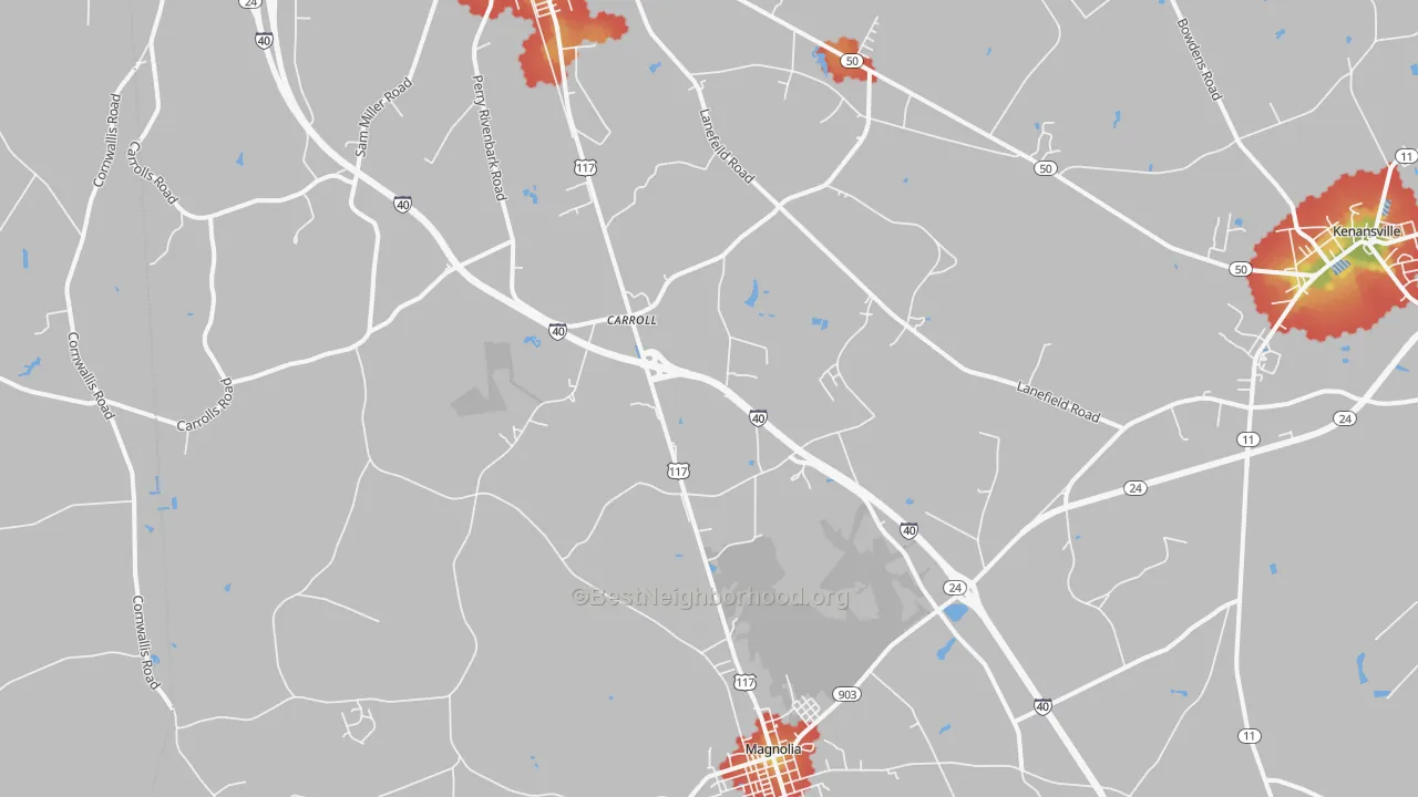 Walk Grade map of Carroll, NC, walkable areas in green and car-dependent areas in red