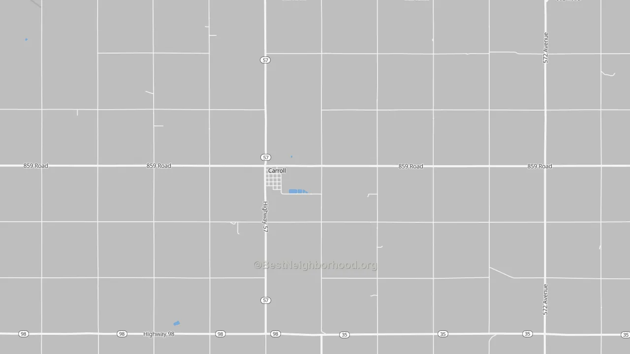 Walk Grade map of Carroll, NE, walkable areas in green and car-dependent areas in red